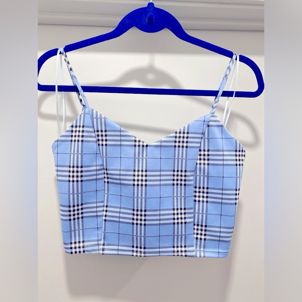 Love Tree Powder Blue Plaid Cropped Tank Top With Spaghetti Straps - Size M